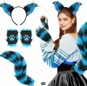 Furry cosplay cat ear headband paw gloves and fluffy tail costume set for adult party
