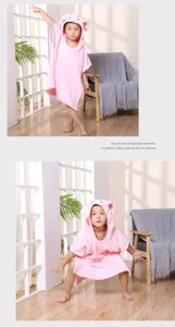 Kids hooded bath towel coral fleece soft baby cloak bathrobe pink animal ear design