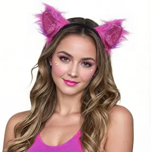 Pink fluffy cat ears headband for women girls, sparkly cosplay costume hair accessory for parties