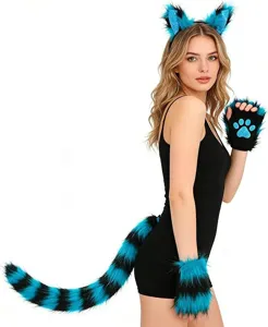 Detailed view of the blue and black plush cat ears, paw gloves, and tail costume set closeup.