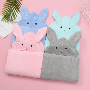 Kids hooded bath towel coral fleece cute cartoon rabbit ears super soft absorbent baby cloak bathrobe