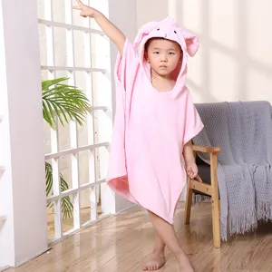 Cute pink kids hooded bath towel, ultra-soft coral fleece absorbent baby cape bathrobe.