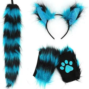 Blue black fluffy cat ears headband tail and paw gloves costume set for Halloween party roleplay