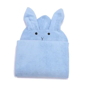 Soft coral fleece hooded baby bath towel with cute bunny ears, highly absorbent cloak bathrobe.