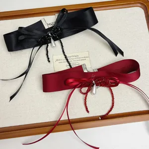 Vintage zwart en rood lint strik choker halsketting met parel hanger voor vrouwen mode