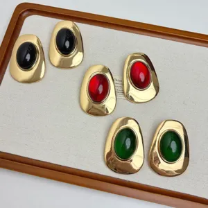 Vintage style resin inlaid metal earrings retro irregular round ear studs for women jewelry