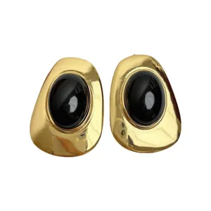 Vintage irregular gold metal earrings with black resin stone for women chic jewelry accessory