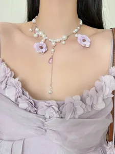 Korean style pearl flower tassel necklace elegant purple clavicle chain for women sweet chic daily wear