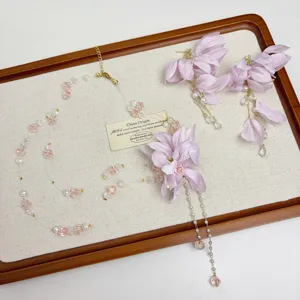 Fairy style purple fabric flower beaded necklace sweet fresh earrings fashion jewelry