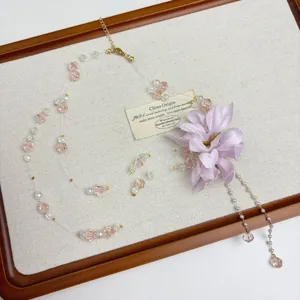 Fairy style purple flower beaded necklace, fresh and sweet aesthetic jewelry for women.