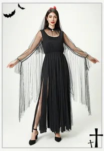Halloween adult women black gothic ghost bride vampire cosplay dress with mesh sleeves.