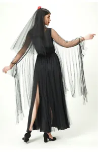 Halloween ghost bride costume for women, black gothic vampire dress with veil and tassels.