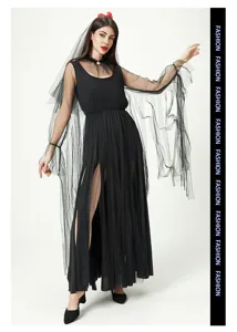 Gothic Halloween ghost bride black long dress costume with veil and mesh sleeves for women