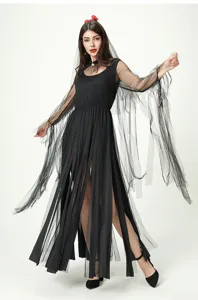 Detailed view of women's black gothic Halloween ghost bride long dress costume with mesh sleeves.