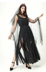 Gothic black ghost bride costume detail, sheer mesh tulle cape, dramatic slit long dress.