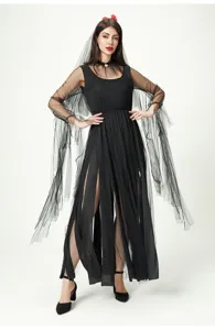 Gothic black Halloween ghost bride costume dress with sheer mesh sleeves and veil.
