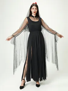 Women gothic black ghost bride long dress Halloween vampire cosplay costume party outfit