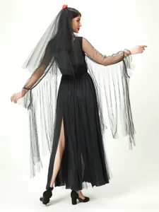 Halloween Gothic Vampire Costume Women Black Ghost Bride Long Dress with Veil and Mesh Sleeves