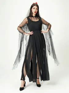 Black Halloween ghost bride costume for women, long gothic vampire dress with veil.