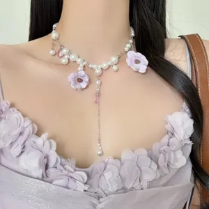 Korean style floral pearl tassel necklace elegant purple collarbone chain charming jewelry gift