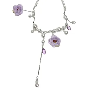 Korean style pearl flower tassel necklace elegant clavicle chain sweet purple floral jewelry