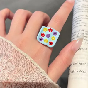Sweet blue drip oil ring cute colorful flower dopamine fashion jewelry women spring new