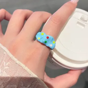 Sweet blue drip oil ring cute colorful polka dot irregular wave finger jewelry for women