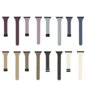 Slim leather replacement strap for Apple Watch, multiple color options, stylish and comfortable.