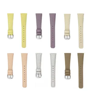 Leather watch strap detail view, replacement band with steel buckle in pastel colors.