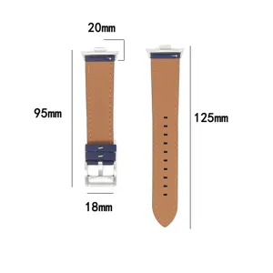Cinturino per orologio in pelle vista dettagliata, ricambio con fibbia e dimensioni.