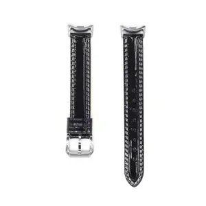 Black patent leather replacement watch strap with silver buckle and curved end design.