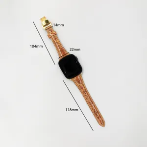 Genuine leather watch strap compatible with Apple Watch, brown crocodile grain, 14-22mm size.
