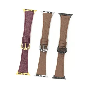 Detailed view of replacement leather watch bands compatible with Apple Watch, featuring textured design.