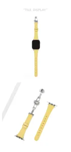 Detailed view of the yellow leather watch strap with a secure silver butterfly deployment clasp.