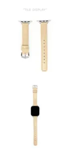 Vista dettagliata del cinturino per orologio sottile in beige con fibbia e connettore.