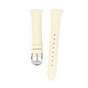 Cinturino di ricambio in pelle beige con fibbia in argento, vista dettaglio per donna.