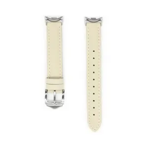 Cinturino di ricambio in pelle beige per smartwatch, elegante design con fibbia in argento.