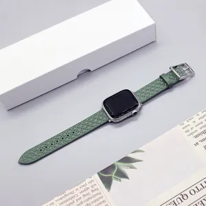 Green leather watch strap diamond pattern detail view compatible with smart watch accessory
