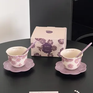 Juego de taza y plato de cafe de ceramica violeta con caja de regalo romantica hogar