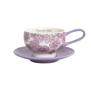 Juego de taza de café y platillo de cerámica morada, elegante taza de té floral de regalo.