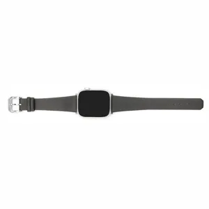 Dettaglio cinturino per orologio in vera pelle grigio scuro, compatibile Apple Watch, fibbia.