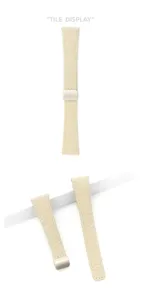 Beige cowhide watch strap detail display, lychee pattern leather surface with metal clasp.
