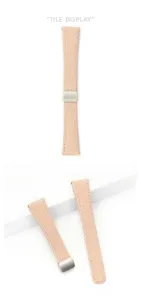 Pink cowhide watch strap detail view, lychee texture and magnetic folding buckle display.