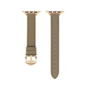 Cinturino in pelle sottile compatibile con Apple Watch color tortora fibbia oro rosa.