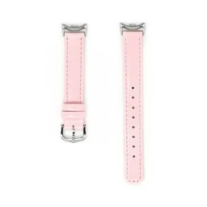 Vue détaillée de bracelet de montre en cuir rose, bracelet de rechange avec boucle.