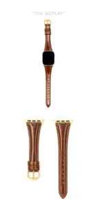Brown leather watch strap compatible with Apple Watch, featuring a golden buckle.