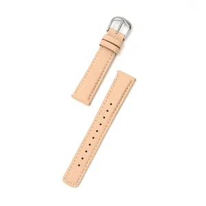 Detailed view of a premium beige leather watch strap with silver metal buckle and quick release pins.
