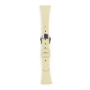 Vista dettagliata del cinturino per orologio sottile in pelle beige con fibbia déployante.