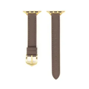 Cinturino per orologio in pelle marrone compatibile con apple watch con dettagli dorati.