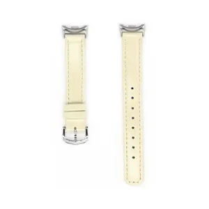 Bracelet de montre de rechange en cuir beige avec boucle argentée et connecteur métallique.
